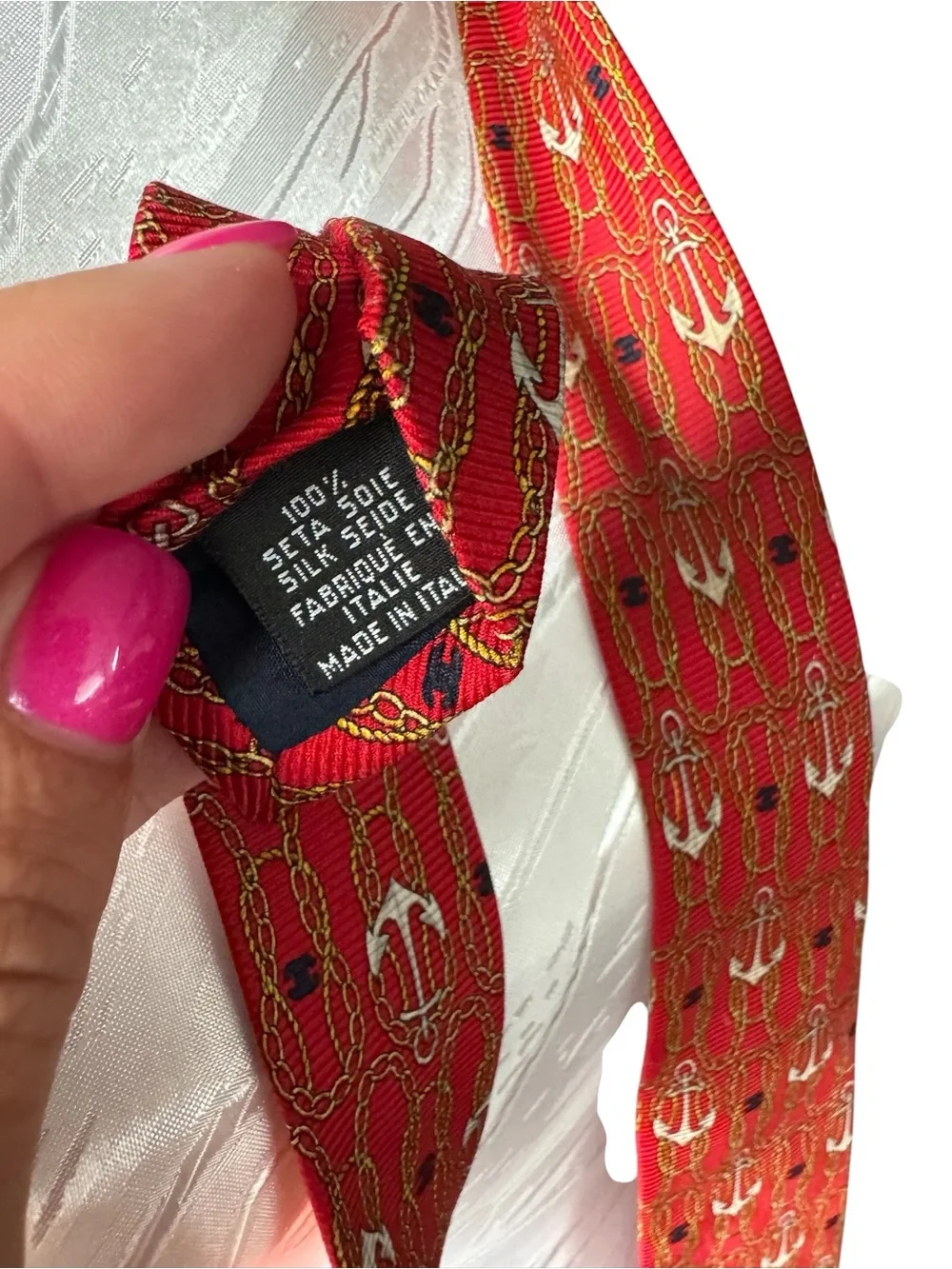 CHANEL Red Anchor Silk Patterned Scarf Tie